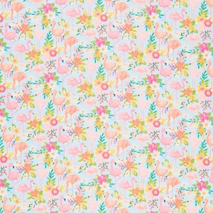 May include: A seamless pattern featuring pink flamingos and colorful flowers on a light blue background.