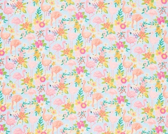 Forever Summer Tropical Flamingos in Aqua by Olivia Gibbs for Timeless Treasures - sold by the half yard