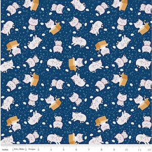 May include: A blue fabric with a repeating pattern of white cats in boxes and hearts. The cats are in various poses, some are sleeping, some are sitting up, and some are looking out of the boxes. The fabric is perfect for quilting, sewing, and crafting.