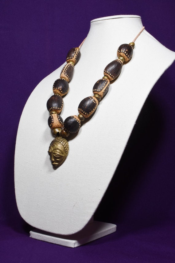 African Doum Bead Necklace with Brass Mask Pendant