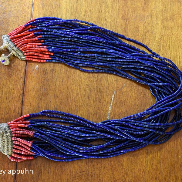 Authentic Nagaland Necklace: 24 strand square cut cobalt blue and red glass beads with two 1954 Govt of India coins
