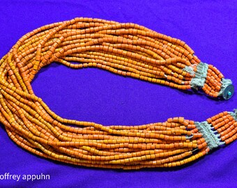 Authentic Nagaland 18 strand necklace with orange glass tube beads