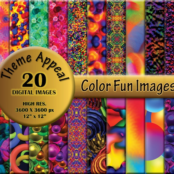 Colorful Fun Digital Paper Pack- 20 Bright Abstract Vibrant Downloadable JPEG Images