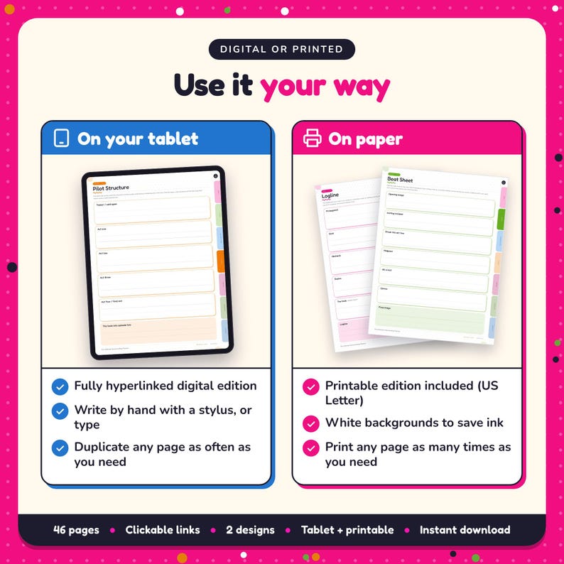 Use the Screenwriting Planner on your tablet as a hyperlinked digital planner, or print the US Letter printable edition