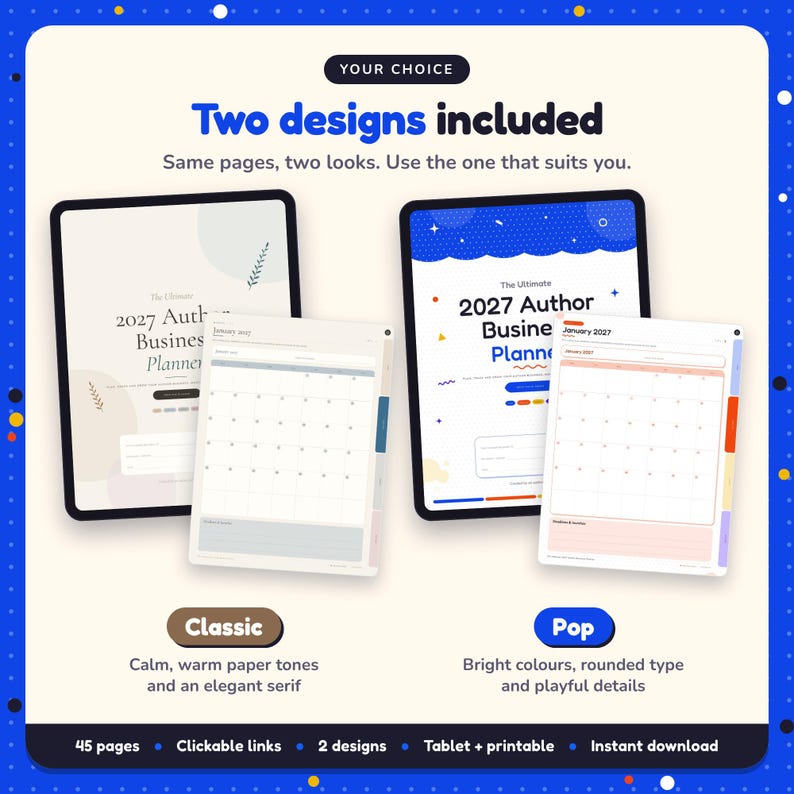 Two designs included with the 2027 Author Business Planner: Classic and Pop