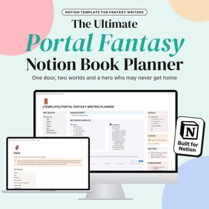 Könnte beinhalten: Eine digitale Notion-Vorlage für Fantasy-Autoren mit dem Titel The Ultimate Portal Fantasy Notion Book Planner. Die Benutzeroberfläche zeigt Bereiche für Metadaten, Manuskriptdetails, Weltenbau, Ziele, Cover-Design und Veröffentlichung.