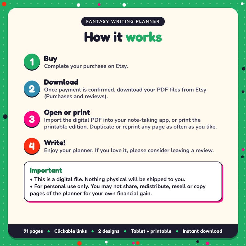 How it works: buy, download the PDF files from Etsy, open in your note-taking app or print. Digital file for personal use, nothing is shipped