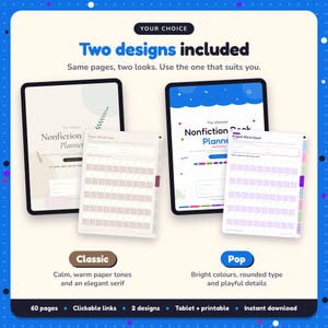 Two designs included with the Nonfiction Book Planner: Classic and Pop