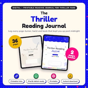 The Thriller Reading Journal shown on two tablets in Classic and Pop designs: 36 pages, clickable links, iPad and tablet ready, printable, instant download