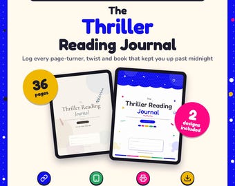 Peut inclure: Un journal de lecture numérique et imprimable pour les fans de thrillers avec deux tablettes affichant des pages de journal. Le texte indique The Thriller Reading Journal, 36 pages, et 2 designs inclus, avec des icônes pour liens cliquables et impression.
