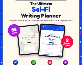 Könnte beinhalten: Digitaler und druckbarer Planer für Science-Fiction-Autoren mit dem Titel The Ultimate Sci-Fi Writing Planner. Enthält 86 Seiten und 2 Designs. Bietet anklickbare Links, Tablet-Kompatibilität und druckbares Format. Text: Imagine the future, build the technology and ask the big questions.