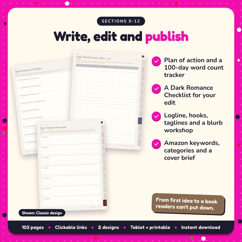 Write, edit and publish: Dark Romance Writing Planner pages. Plan of action and a 100-day word count tracker; A Dark Romance Checklist for your edit; Logline, hooks, taglines and a blurb workshop