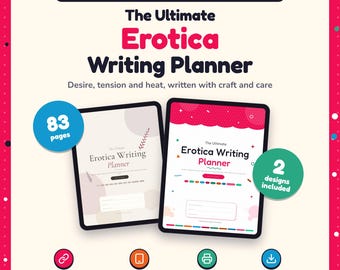 Puede incluir: Un planificador de escritura erótica digital e imprimible con dos diseños distintos y 83 páginas. El planificador incluye enlaces clicables, es apto para tabletas y está disponible para descarga instantánea. El texto dice The Ultimate Erotica Writing Planner.