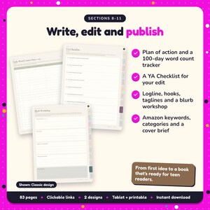Write, edit and publish: Young Adult Writing Planner pages. Plan of action and a 100-day word count tracker; A YA Checklist for your edit; Logline, hooks, taglines and a blurb workshop