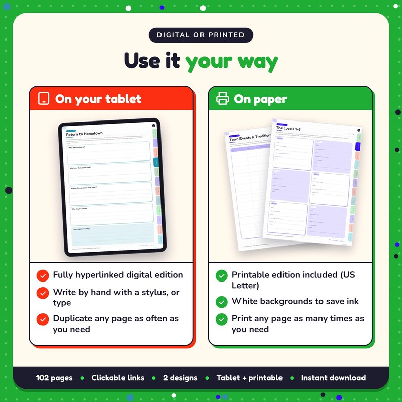 Use the Small Town Romance Writing Planner on your tablet as a hyperlinked digital planner, or print the US Letter printable edition