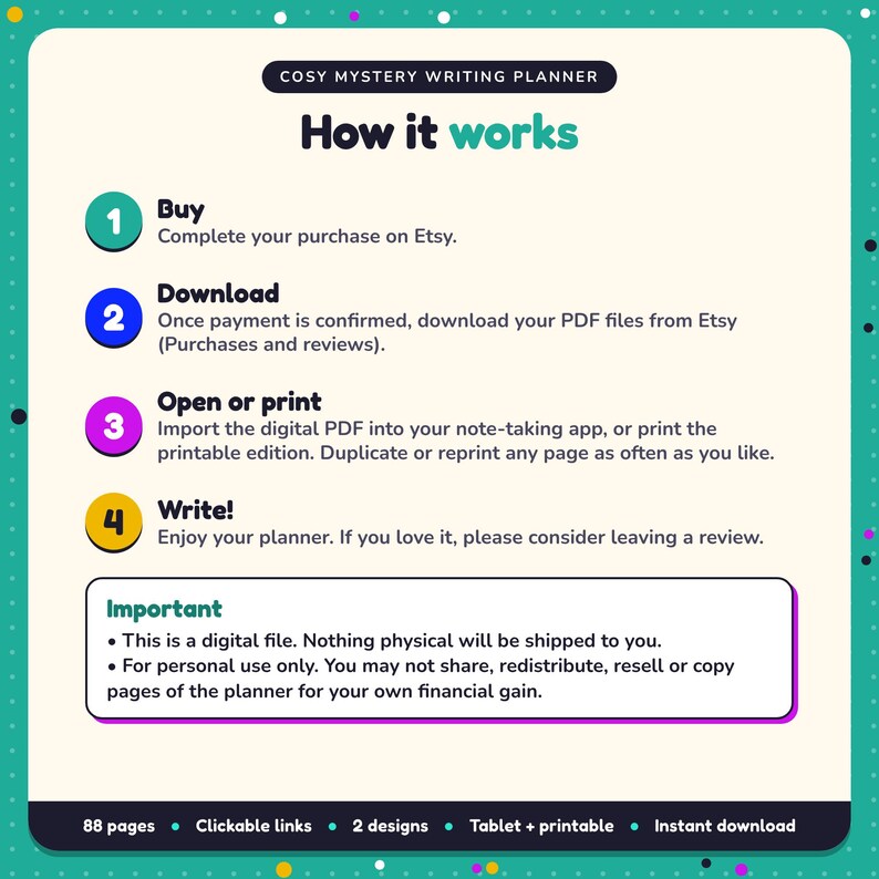 How it works: buy, download the PDF files from Etsy, open in your note-taking app or print. Digital file for personal use, nothing is shipped