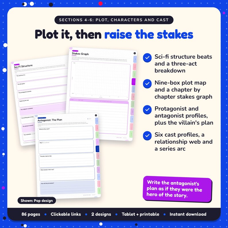 Plot it, then raise the stakes: Sci-Fi Writing Planner pages. Sci-fi structure beats and a three-act breakdown; Nine-box plot map and a chapter by chapter stakes graph; Protagonist and antagonist profiles, plus the villain's plan