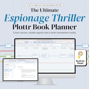 May include: A digital book planner template for espionage writers titled The Ultimate Espionage Thriller Plottr Book Planner. The screen displays a timeline and notes interface with text about cover stories, double agents, and a mole.