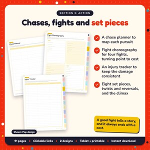 Chases, fights and set pieces: Action Thriller Writing Planner pages. A chase planner to map each pursuit; Fight choreography for four fights, turning point to cost; An injury tracker to keep the damage consistent