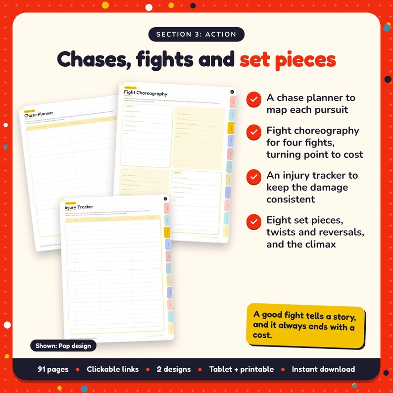 Chases, fights and set pieces: Action Thriller Writing Planner pages. A chase planner to map each pursuit; Fight choreography for four fights, turning point to cost; An injury tracker to keep the damage consistent