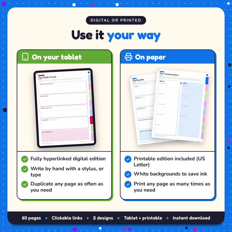 Use the Nonfiction Book Planner on your tablet as a hyperlinked digital planner, or print the US Letter printable edition