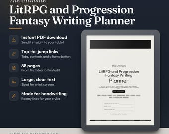May include: A digital writing planner for e-ink tablets titled The Ultimate LitRPG and Progression Fantasy Writing Planner. It features 88 pages, tap-to-jump links, and large text. Designed for reMarkable and Kindle Scribe devices.