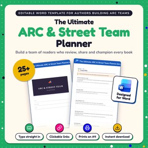 Pode incluir: Um modelo Word editável para autores intitulado The Ultimate ARC & Street Team Planner. Apresenta duas páginas de documento, um emblema de 25+ páginas e um ícone do Microsoft Word. Inclui ícones para digitar, links clicáveis, imprimir e baixar.