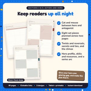 Keep readers up all night: Thriller Writing Planner pages. Cat and mouse between hero and antagonist; Eight set pieces planned across two pages; Twists and reversals, secrets and lies, and the climax
