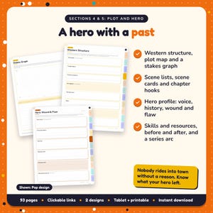 A hero with a past: Western Writing Planner pages. Western structure, plot map and a stakes graph; Scene lists, scene cards and chapter hooks; Hero profile: voice, history, wound and flaw
