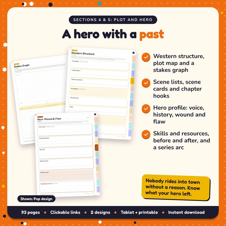 A hero with a past: Western Writing Planner pages. Western structure, plot map and a stakes graph; Scene lists, scene cards and chapter hooks; Hero profile: voice, history, wound and flaw