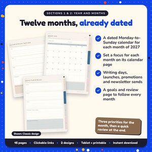 Twelve months, already dated: 2027 Author Business Planner pages. A dated Monday-to-Sunday calendar for each month of 2027; Set a focus for each month on its calendar page; Writing days, launches, promotions and newsletter sends