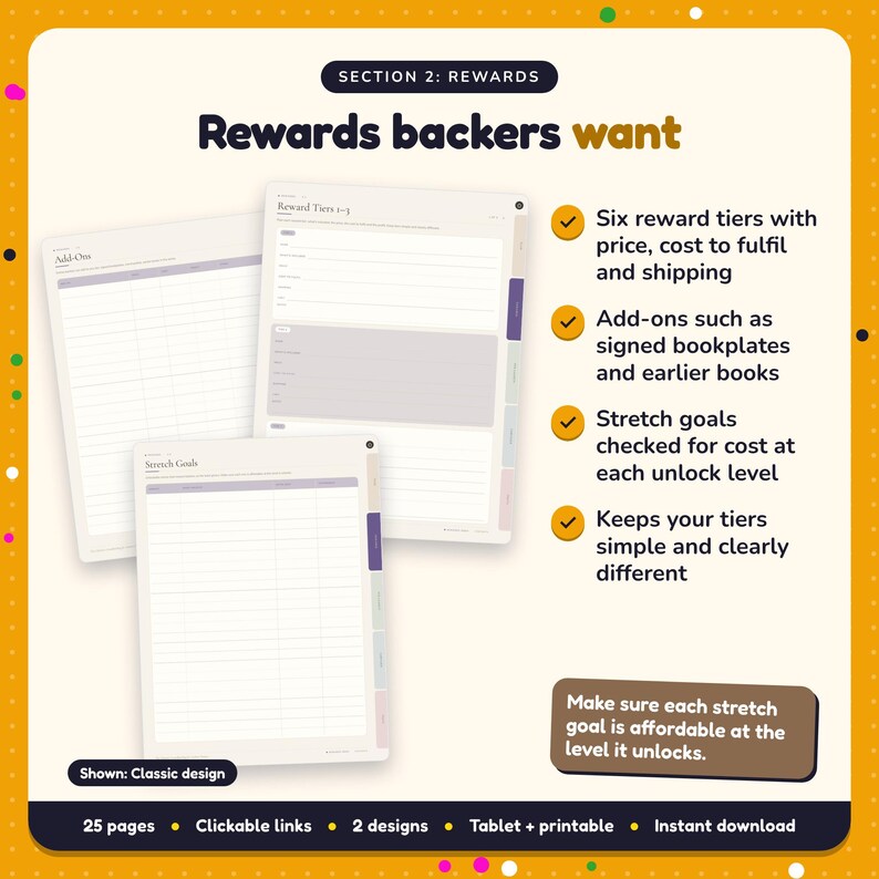 Rewards backers want: Crowdfunding for Authors Planner pages. Six reward tiers with price, cost to fulfil and shipping; Add-ons such as signed bookplates and earlier books; Stretch goals checked for cost at each unlock level