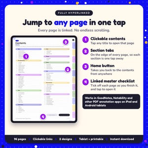 Hyperlinked contents page of the Epic Fantasy Writing Planner, with clickable contents, section tabs, home button and linked master checklist for GoodNotes and Notability