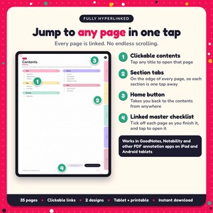Hyperlinked contents page of the Book Lover's Reading Journal, with clickable contents, section tabs, home button and linked master checklist for GoodNotes and Notability