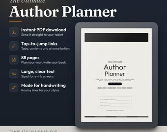 May include: A digital planner for reMarkable and Kindle Scribe tablets titled The Ultimate Author Planner. The interface features 88 pages, tap-to-jump links, and large text designed for e-ink screens, with fields for book title and series information.