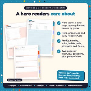 A hero readers care about: Hero Workbook pages. Hero types, a two-page types guide and heroes by genre; Hero in One Line and Why Readers Care; Profile, naming, voice, habits, tells, strengths and flaws