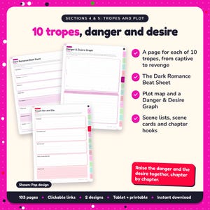 10 tropes, danger and desire: Dark Romance Writing Planner pages. A page for each of 10 tropes, from captive to revenge; The Dark Romance Beat Sheet; Plot map and a Danger & Desire Graph