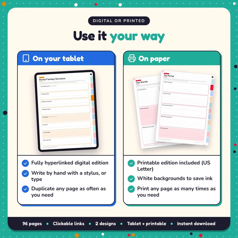 Use the Portal Fantasy Writing Planner on your tablet as a hyperlinked digital planner, or print the US Letter printable edition