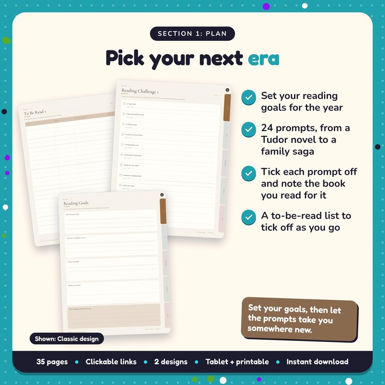 Pick your next era: Historical Fiction Reading Journal pages. Set your reading goals for the year; 24 prompts, from a Tudor novel to a family saga; Tick each prompt off and note the book you read for it