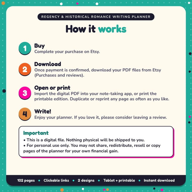 How it works: buy, download the PDF files from Etsy, open in your note-taking app or print. Digital file for personal use, nothing is shipped