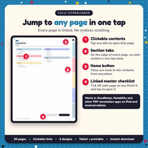 Hyperlinked contents page of the Author Newsletter Planner, with clickable contents, section tabs, home button and linked master checklist for GoodNotes and Notability