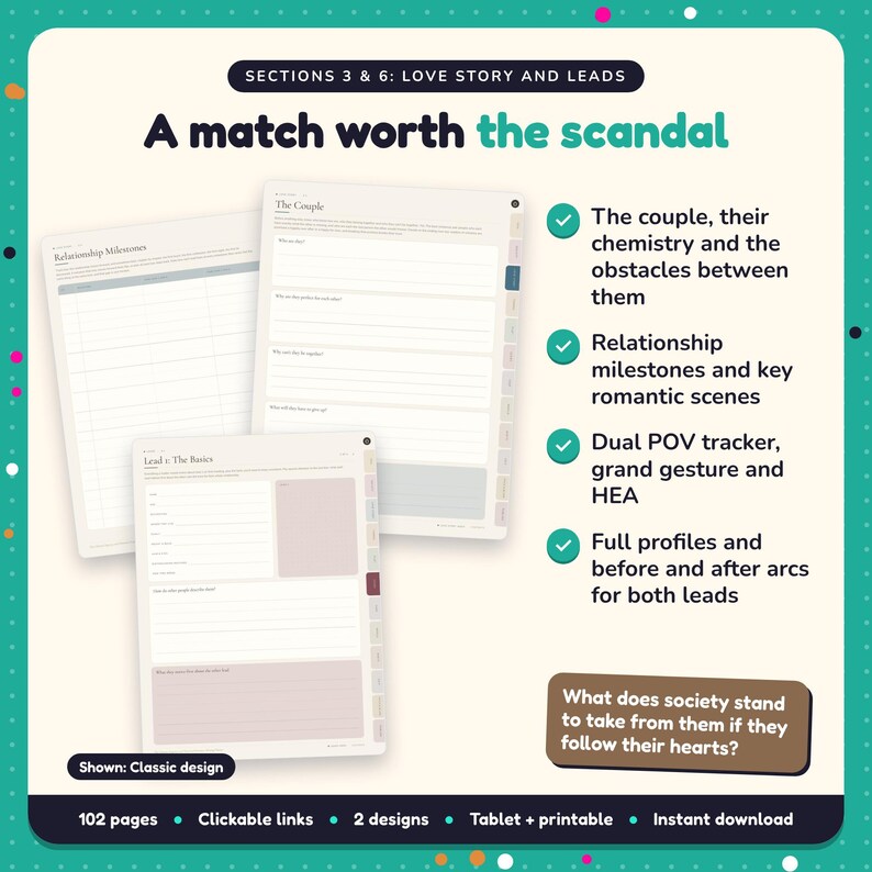 A match worth the scandal: Regency & Historical Romance Writing Planner pages. The couple, their chemistry and the obstacles between them; Relationship milestones and key romantic scenes; Dual POV tracker, grand gesture and HEA
