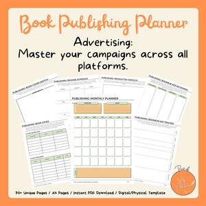 Puede incluir: Un planificador de publicaci&oacute;n de libros imprimible con un fondo melocot&oacute;n y el texto "Book Publishing Planner" en blanco. El texto "Advertising: Master your campaigns across all platforms." tambi&eacute;n est&aacute; incluido en blanco. El planificador incluye secciones para el boceto de la portada del libro, el calendario de lanzamiento, la plantilla de bolet&iacute;n, el planificador mensual, las palabras clave de los anuncios de Bookbub y el seguimiento de los anuncios de Bookbub.