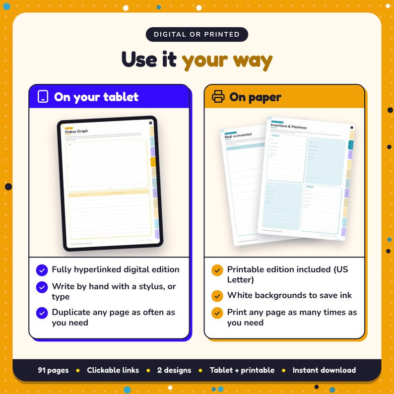 Use the Steampunk Writing Planner on your tablet as a hyperlinked digital planner, or print the US Letter printable edition
