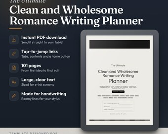 May include: A digital writing planner for e-ink tablets titled The Ultimate Clean and Wholesome Romance Writing Planner. The interface features 101 pages, tap-to-jump links, large text, and handwriting space. Designed for reMarkable and Kindle Scribe.