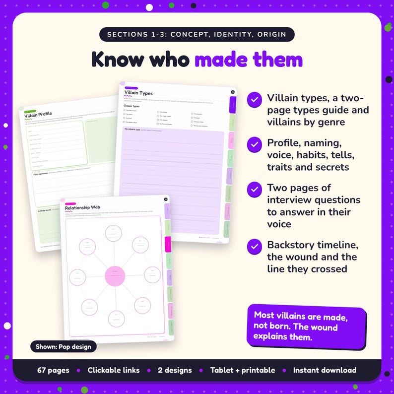 Know who made them: Villain Workbook pages. Villain types, a two-page types guide and villains by genre; Profile, naming, voice, habits, tells, traits and secrets; Two pages of interview questions to answer in their voice