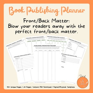 Puede incluir: Un planificador imprimible en blanco y negro con el t&iacute;tulo "Book Publishing Planner" y el texto "Front/Back Matter: Blow your readers away with the perfect front/back matter." El planificador incluye hojas de trabajo para palabras clave de anuncios de Amazon, calendario de boletines, seguimiento de promociones, materia inicial y redacci&oacute;n de una p&aacute;gina digital.