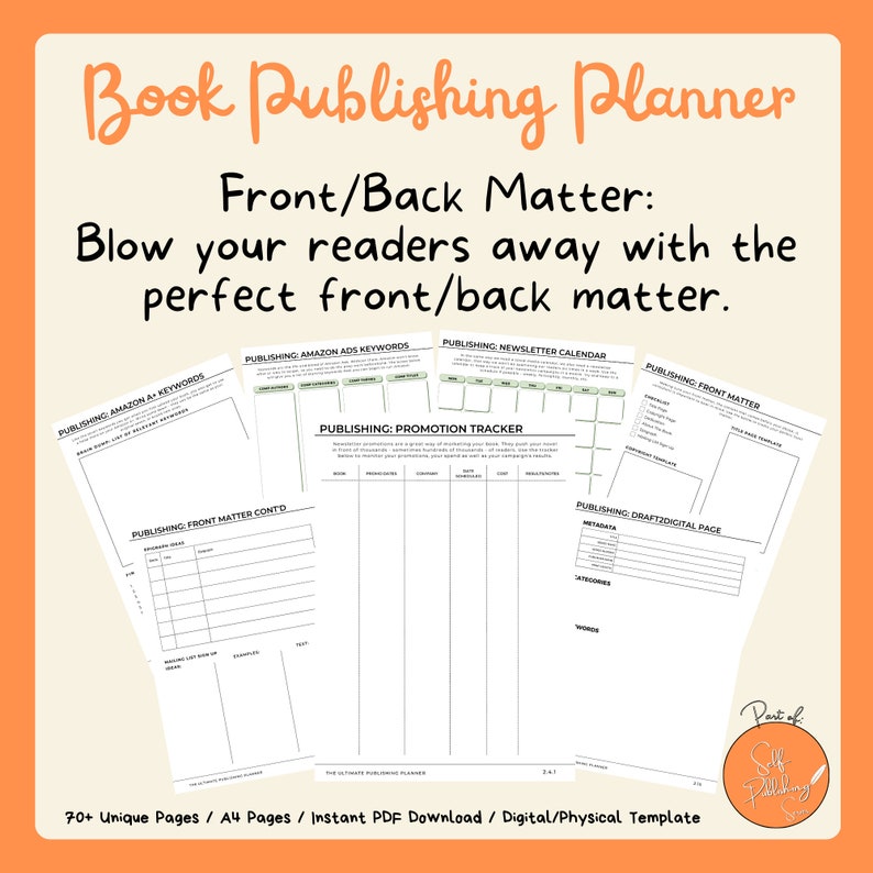 Puede incluir: Un planificador imprimible en blanco y negro con el t&iacute;tulo "Book Publishing Planner" y el texto "Front/Back Matter: Blow your readers away with the perfect front/back matter." El planificador incluye hojas de trabajo para palabras clave de anuncios de Amazon, calendario de boletines, seguimiento de promociones, materia inicial y redacci&oacute;n de una p&aacute;gina digital.