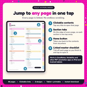 Hyperlinked contents page of the Urban Fantasy Writing Planner, with clickable contents, section tabs, home button and linked master checklist for GoodNotes and Notability