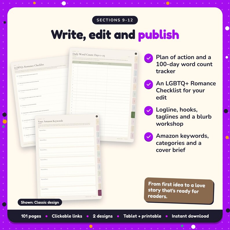 Write, edit and publish: LGBTQ+ Romance Writing Planner pages. Plan of action and a 100-day word count tracker; An LGBTQ+ Romance Checklist for your edit; Logline, hooks, taglines and a blurb workshop
